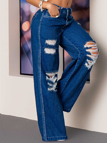 Calça Wide Leg azul médio, com destroyed e pedraria na lateral Calça Wide Leg azul médio, com destroyed e pedraria na lateral