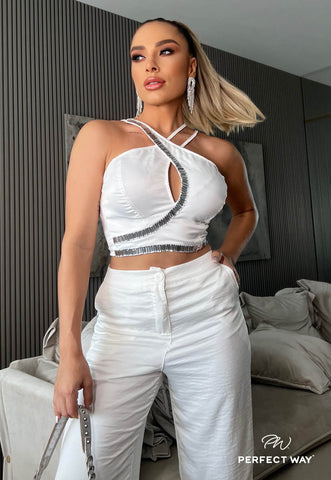 Cropped Set + Pants with Embroidery in Lined Crepe Cropped Set + Pants with Embroidery in Lined Crepe