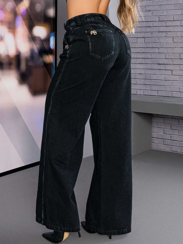 Calça Jeans Wide Leg Preta Empina Bumbum com Cinto Calça Jeans Wide Leg Preta Empina Bumbum com Cinto
