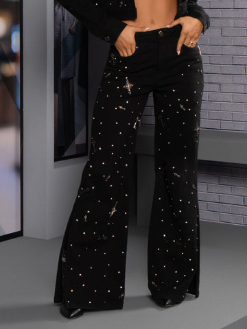 Calça Jeans Wide Leg com Pedrarias de Cristais Calça Jeans Wide Leg com Pedrarias de Cristais