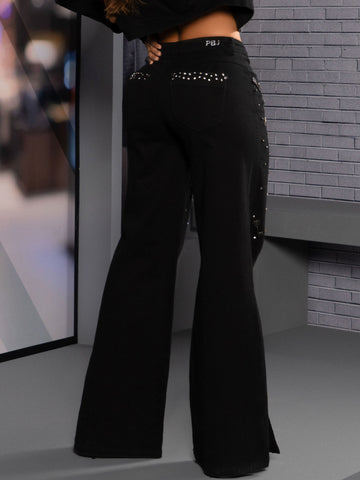 Calça Jeans Wide Leg com Pedrarias de Cristais Calça Jeans Wide Leg com Pedrarias de Cristais