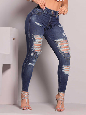 Pantaloni skinny Conceito Empina Bumbum con catene di strass e Destroyed Pantaloni skinny Conceito Empina Bumbum con catene di strass e Destroyed