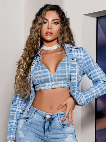 Veste Jeans imprimée à carreaux Veste Jeans imprimée à carreaux
