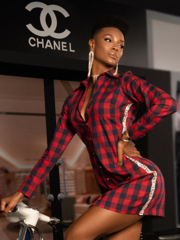 Waisted Red Checkered Shirt Dress Waisted Red Checkered Shirt Dress