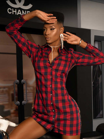 Waisted Red Checkered Shirt Dress Waisted Red Checkered Shirt Dress