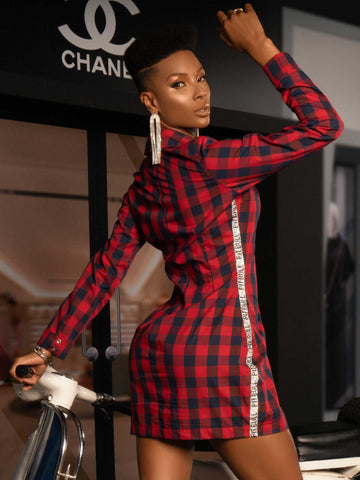 Waisted Red Checkered Shirt Dress Waisted Red Checkered Shirt Dress