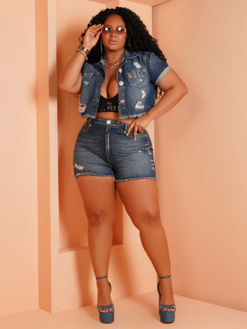 Cropped Dazzling Destroyed Jeans Shirt with Stones on Cropped Dazzling Destroyed Jeans Shirt with Stones on