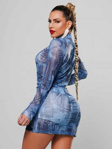 Transparent Long Sleeve Shirt Dress with Jeans Print Transparent Long Sleeve Shirt Dress with Jeans Print