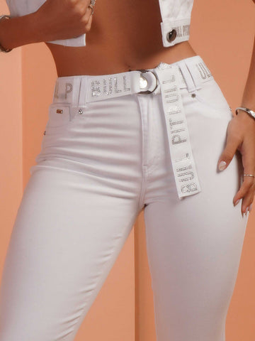 Pantalon Femme Flare Empina Bumbum Blanc avec Ceinture Pantalon Femme Flare Empina Bumbum Blanc avec Ceinture