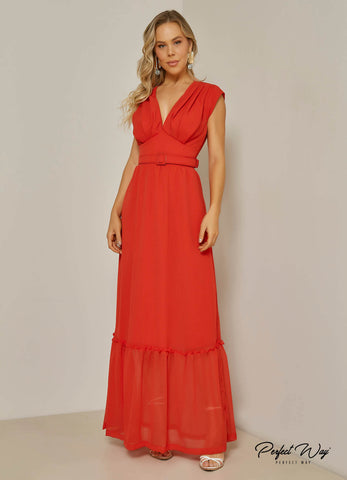 Long Fluid Dress with Details + Belt Long Fluid Dress with Details + Belt