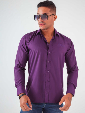 Camisa Slim de Manga Larga con Bordado confeccionada en Algodón Egipcio Morado Camisa Slim de Manga Larga con Bordado confeccionada en Algodón Egipcio Morado