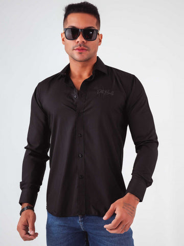 Camisa Slim de Manga Larga con Bordado confeccionada en Algodón Egipcio Negro Camisa Slim de Manga Larga con Bordado confeccionada en Algodón Egipcio Negro