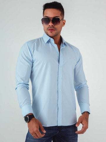 Camisa Manga Longa Slim com Bordado feita em Algodão Egípcio Azul Claro Camisa Manga Longa Slim com Bordado feita em Algodão Egípcio Azul Claro
