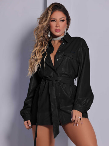 Premium Leather Effect Shirt Dress with Belt Premium Leather Effect Shirt Dress with Belt