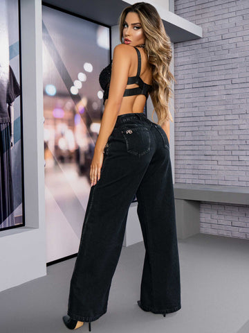 Calça Jeans Wide Leg Preta Empina Bumbum com Cinto Calça Jeans Wide Leg Preta Empina Bumbum com Cinto