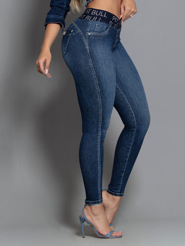 Calça Jeans Skinny com Elástico e Logomania no Cós