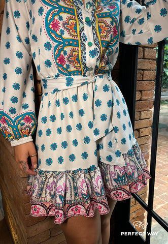 Beige and Turquoise Print Dress