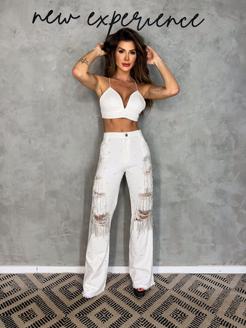 Calça Anita Alfaiataria com Franjas e Aplicações