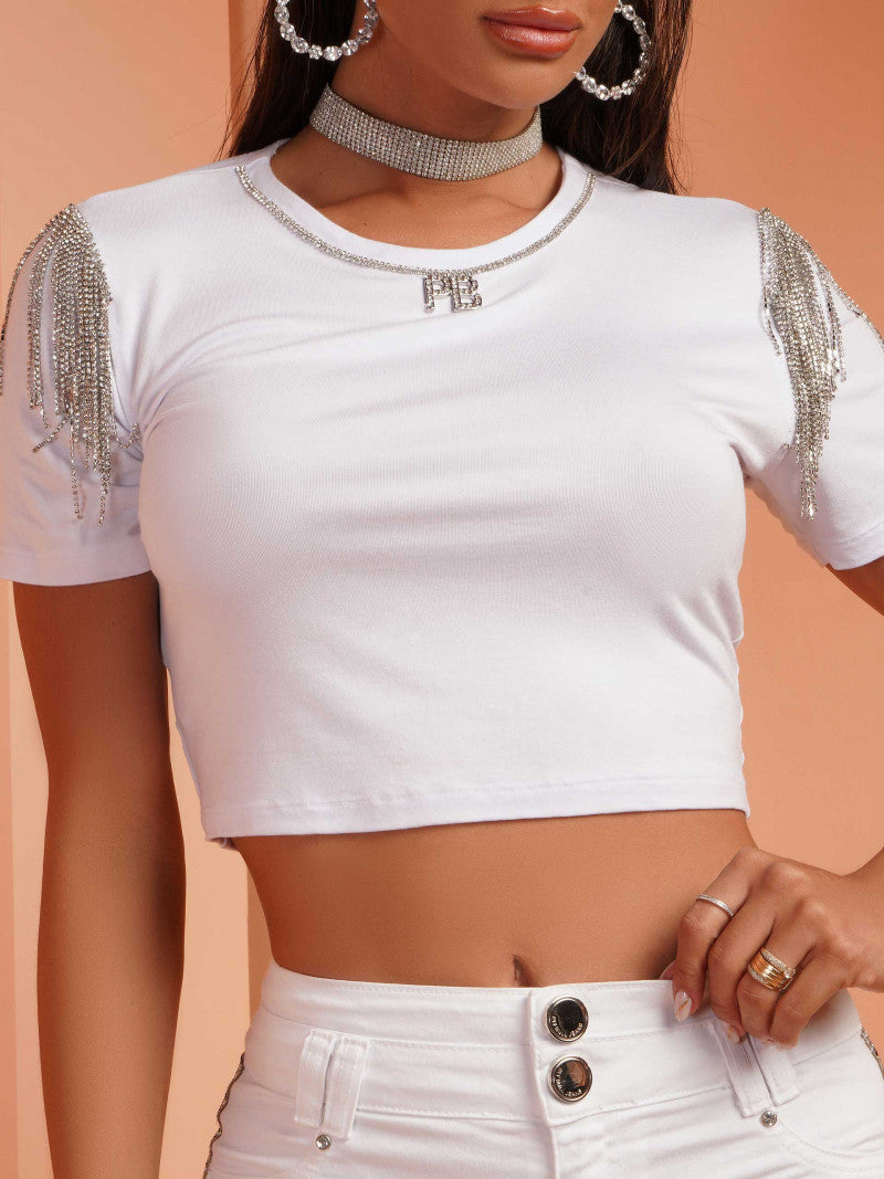 T-shirt cropped con frange di cristalli