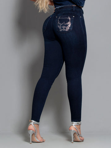 Calça Skinny Chapa Barriga Lavado Escuro Empina Bumbum com Cinto Personalizado