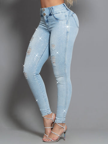 Jeans Clarinha Premium Modeling Empina Bumbum con piedras de cristal