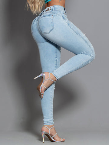 Calça Jeans Clarinha Premium Modeladora Empina Bumbum com Pedraria de Cristais