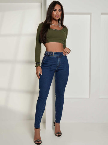 Jeans ultra galbant pour femme, taille haute croisée