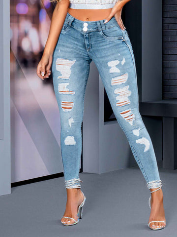 Pantaloni skinny da donna lavati chiari che modellano Empina Bumbum con dettagli rasati