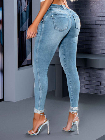 Pantaloni skinny da donna lavati chiari che modellano Empina Bumbum con dettagli rasati