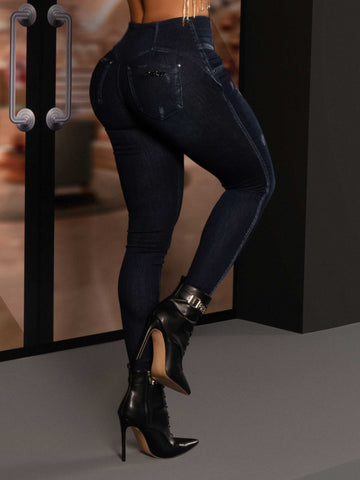 Jeans skinny blu scuro con intimo modellante a vita alta con perfetto sollevamento del sedere