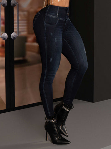 Jeans skinny blu scuro con intimo modellante a vita alta con perfetto sollevamento del sedere