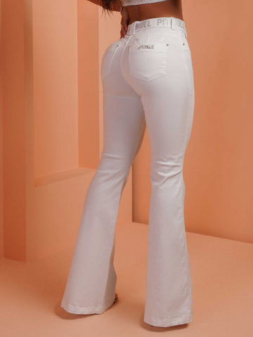 Pantalones blancos Flare Empina Bumbum para mujer con cinturón