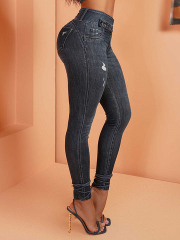 Calça Jeans Feminina Empina Bumbum Cós Largo Transpassado