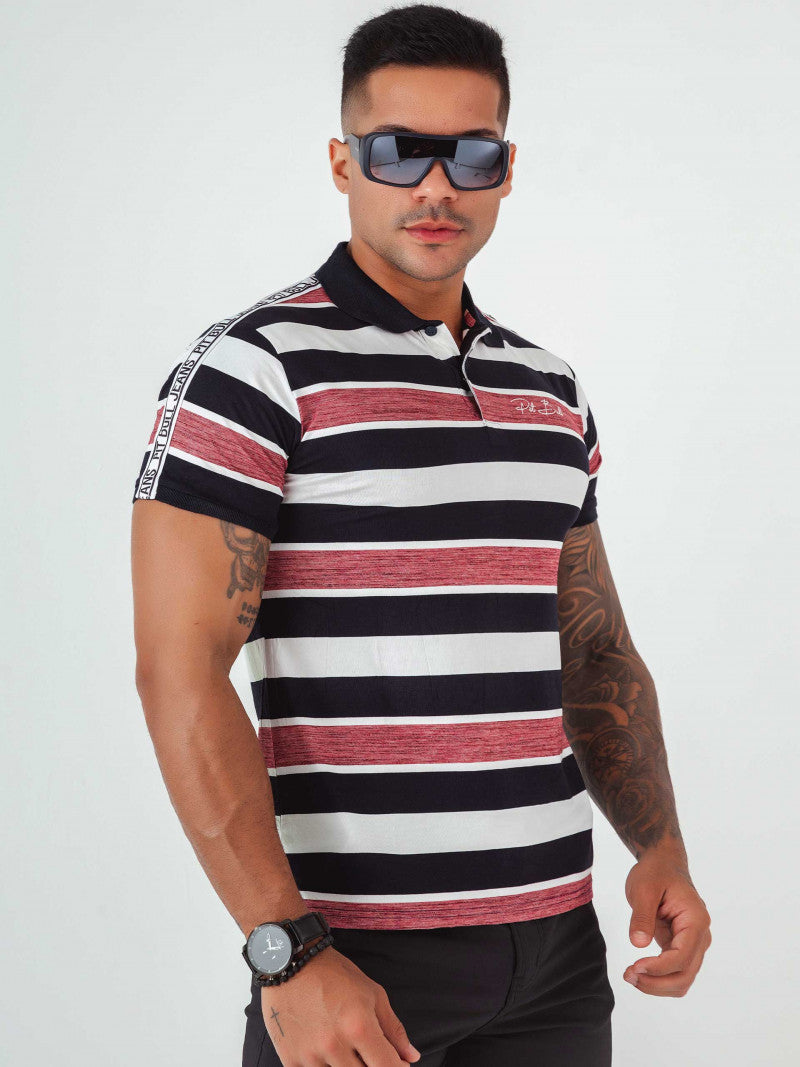 Camisa polo con cuello tipo polo a rayas rojas para hombre