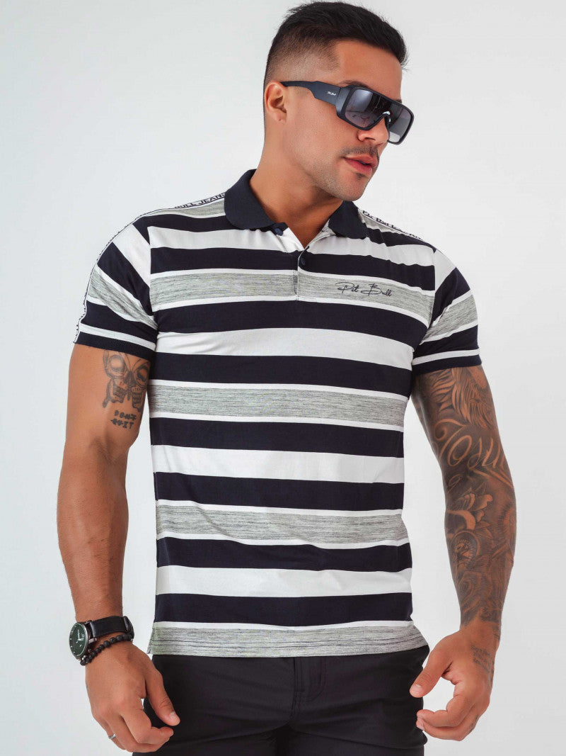 Men's Gray Stripe Polo Collar Shirt