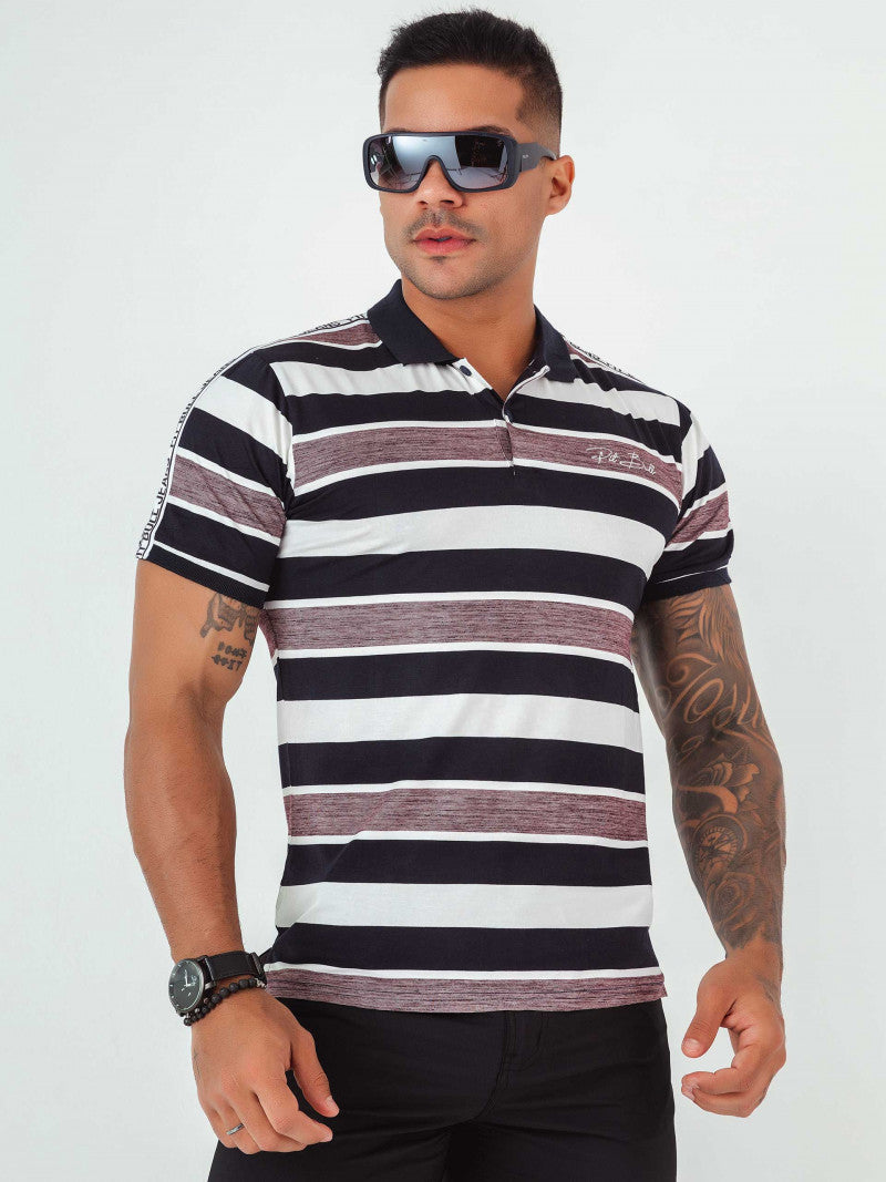 Camicia da uomo con colletto polo a righe marroni