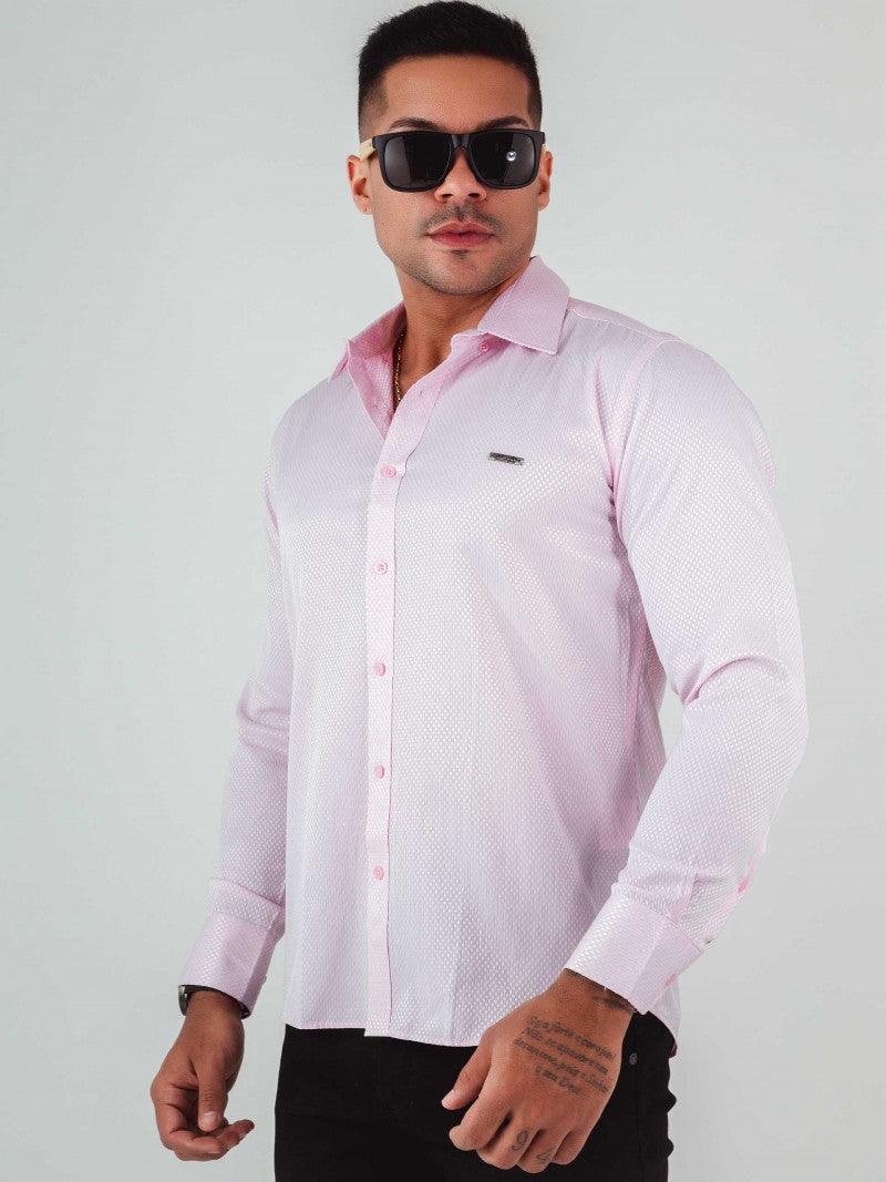 Camisa Manga Longa Slim com Bordado feita em Algodão Egípcio Rosa