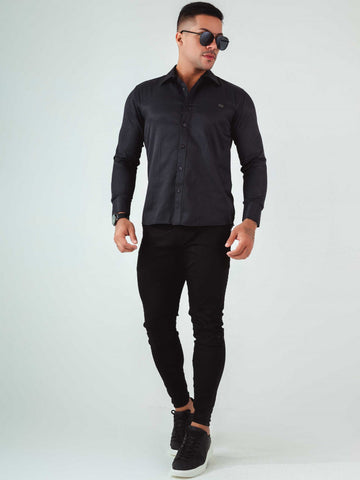 Camisa Manga Longa Slim com Bordado feita em Algodão Egípcio Preto