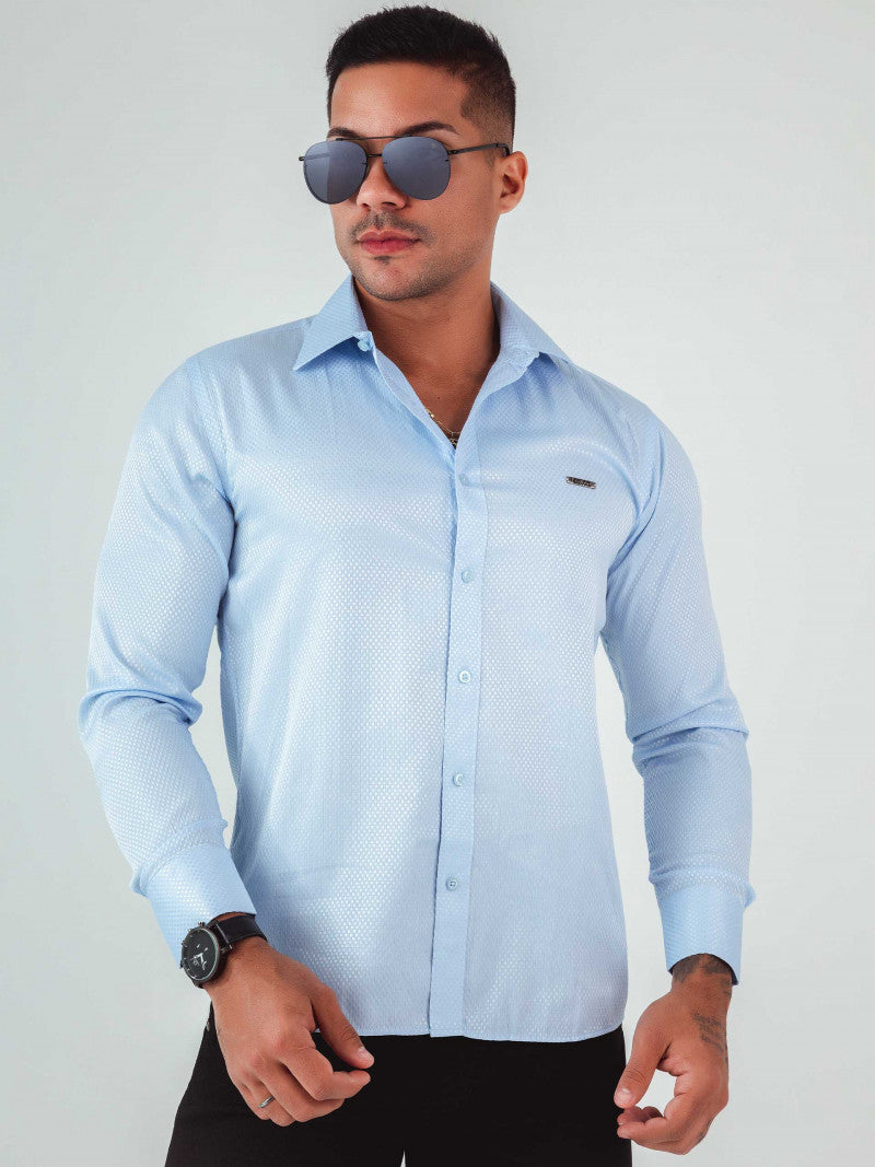 Camisa Manga Longa Slim com Bordado feita em Algodão Egípcio Azul Claro