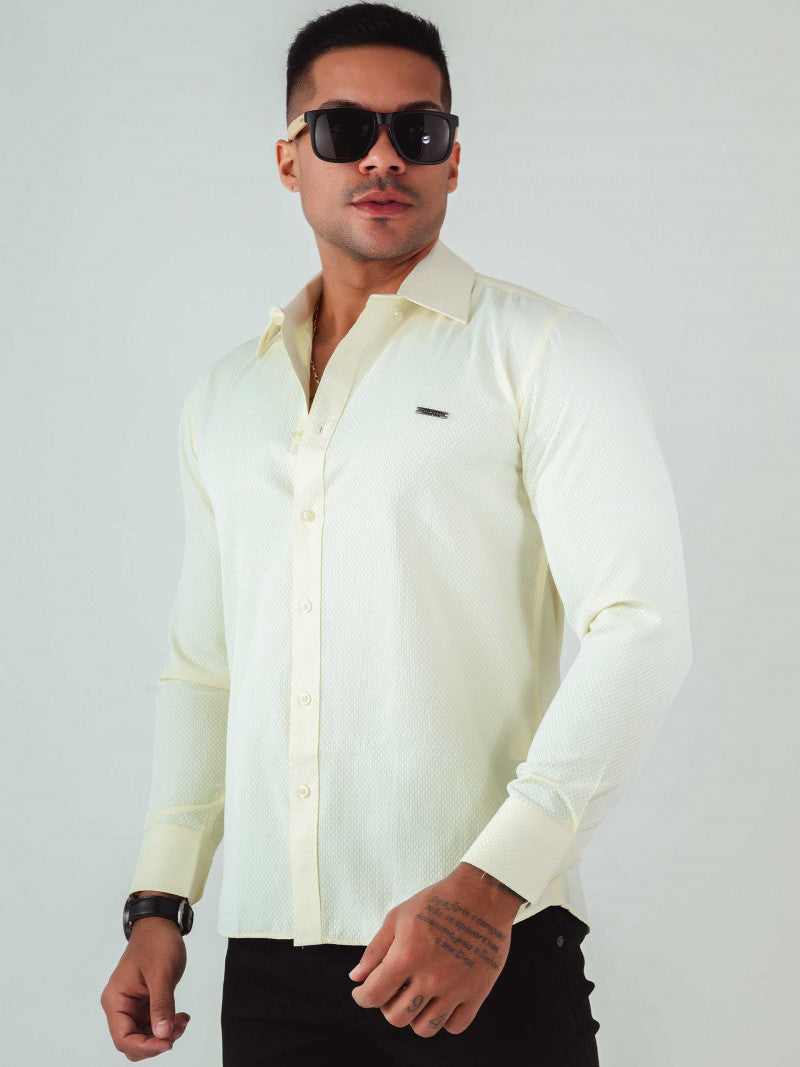 Slim Long Sleeve Shirt with Embroidery made in Yellow Egyptian Cotton