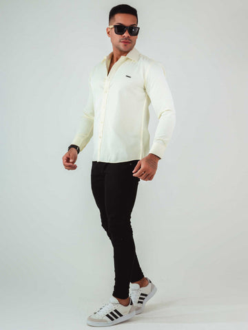 Slim Long Sleeve Shirt with Embroidery made in Yellow Egyptian Cotton