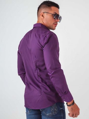 Camisa Manga Longa Slim com Bordado feita em Algodão Egípcio Roxo