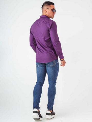 Camisa Manga Longa Slim com Bordado feita em Algodão Egípcio Roxo