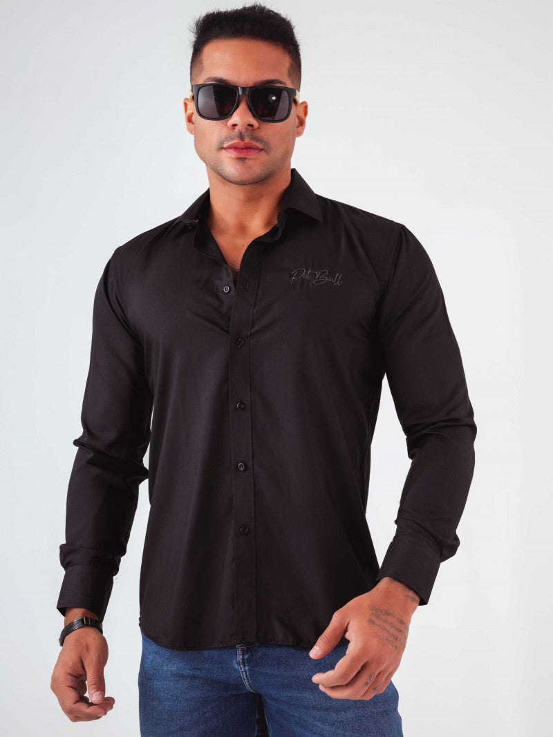 Chemise slim à manches longues avec broderie en coton égyptien noir