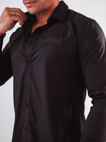 Camicia slim a maniche lunghe con ricamo realizzata in cotone egiziano nero