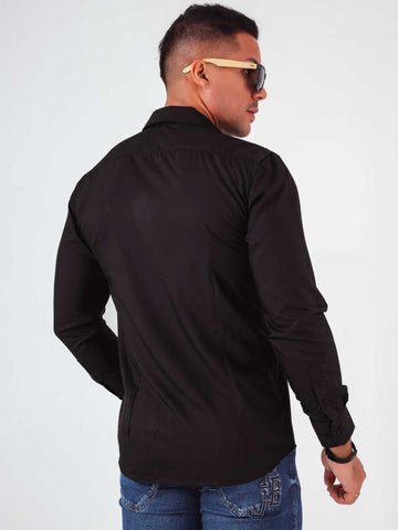 Slim Long Sleeve Shirt with Embroidery made in Black Egyptian Cotton