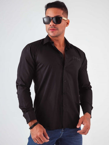 Camicia slim a maniche lunghe con ricamo realizzata in cotone egiziano nero