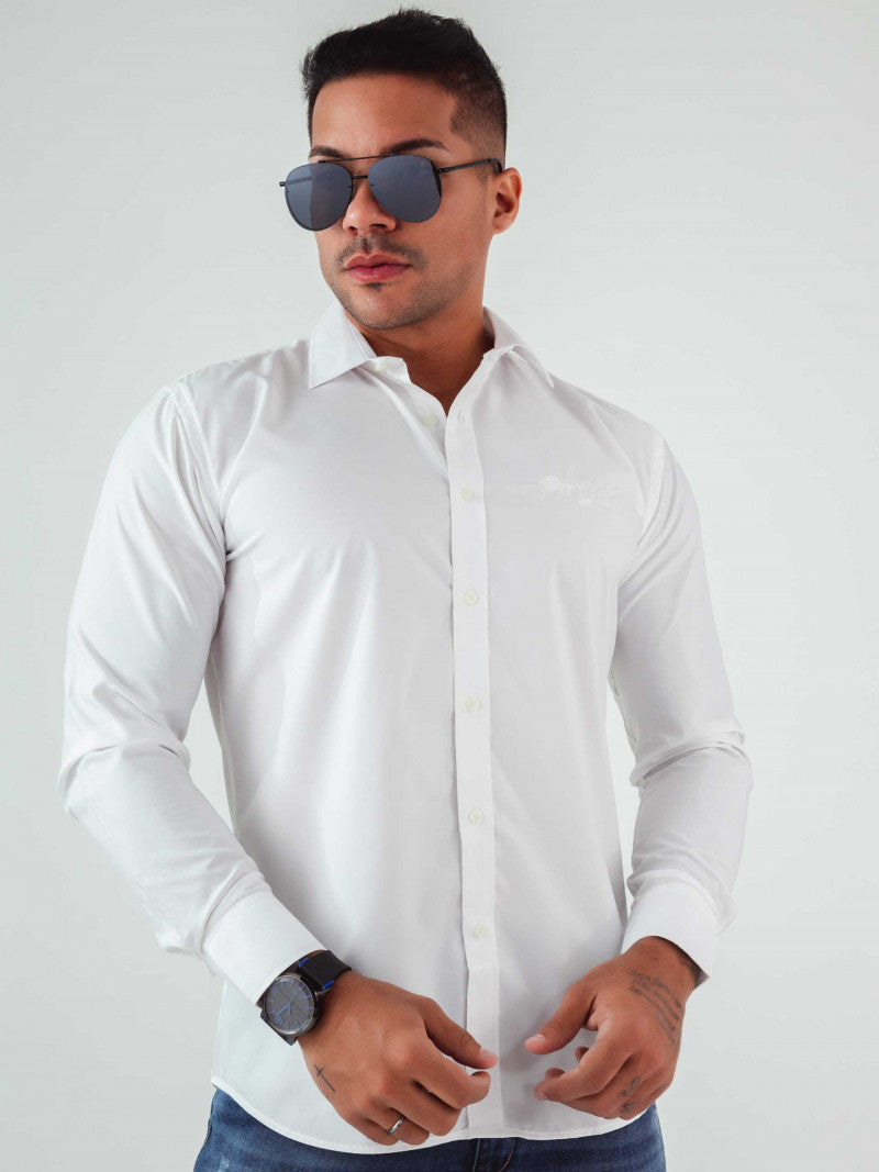 Camicia slim a maniche lunghe con ricamo realizzata in cotone egiziano bianco