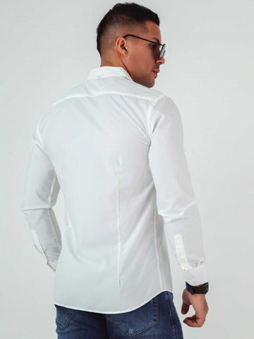 Chemise slim à manches longues avec broderie en coton égyptien blanc