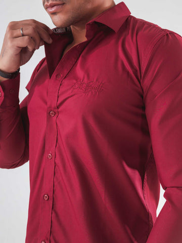 Slim Long Sleeve Shirt with Embroidery made in Burgundy Egyptian Cotton